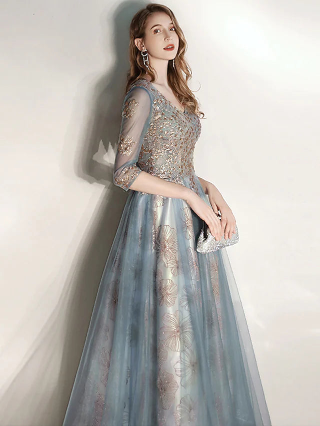 Luolandi A-Line Prom Dresses Elegant Dress Engagement Floor Length Half Sleeve V Neck Tulle with Pleats Pattern / Print