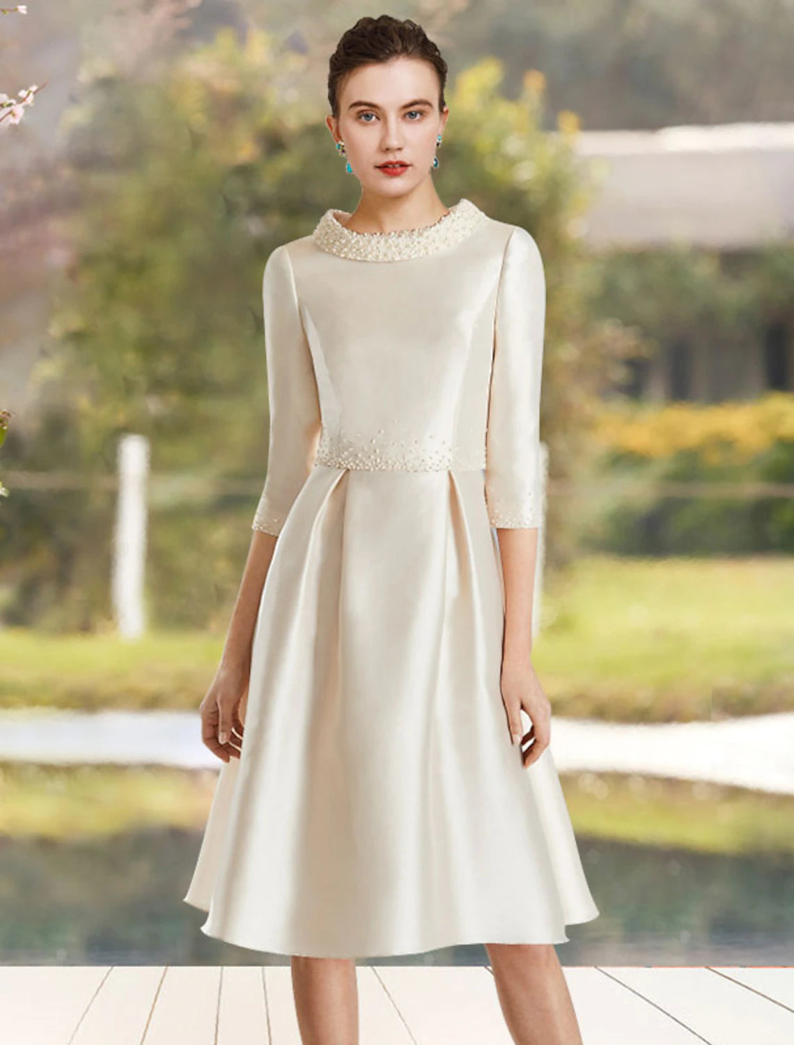 Luolandi A-Line Mother of the Bride Dress Wedding Guest Elegant Jewel Neck Knee Length Satin Half Sleeve