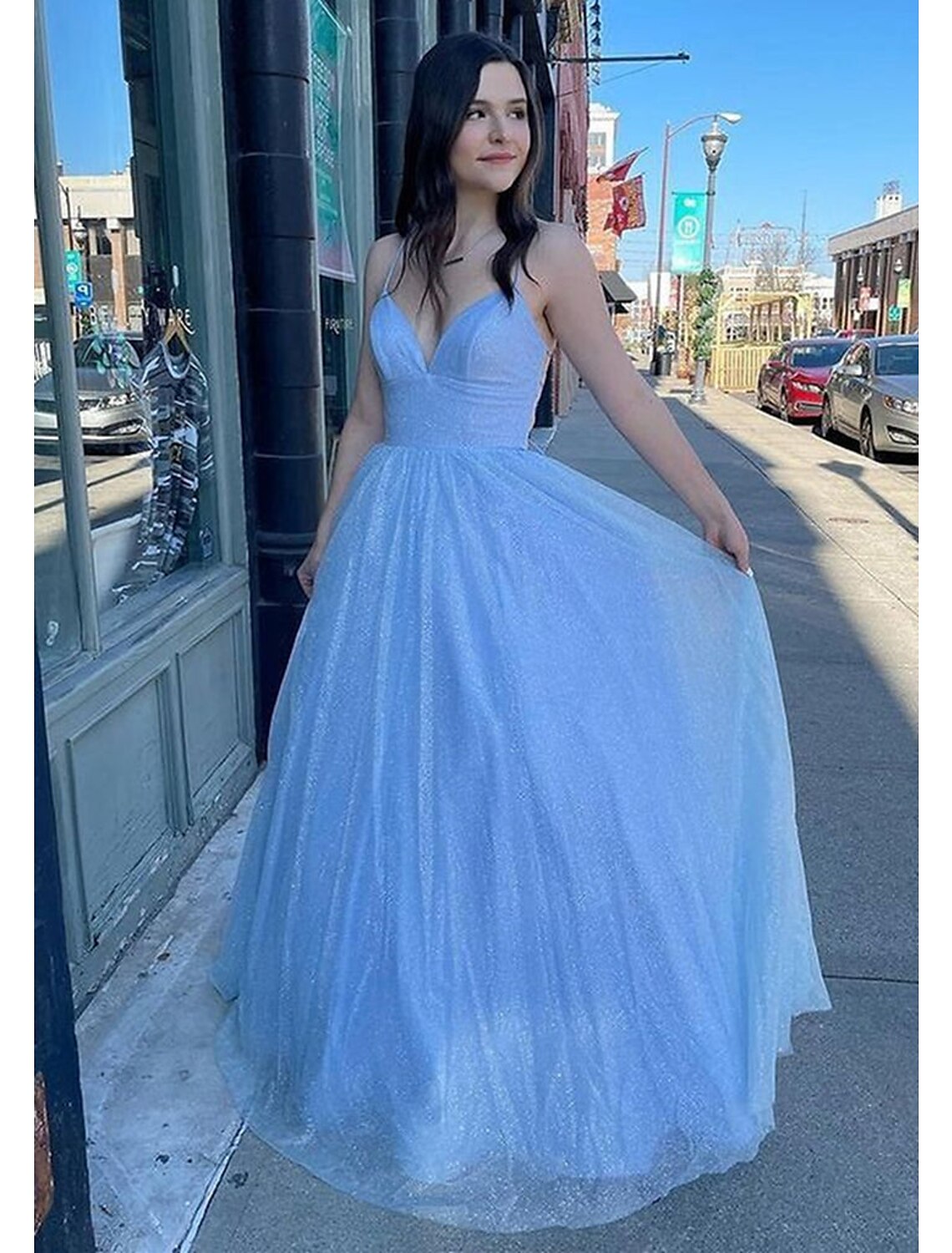 Luolandi Ball Gown A-Line Prom Dresses Sparkle & Shine Dress Formal Floor Length Sleeveless V Neck Tulle Backless