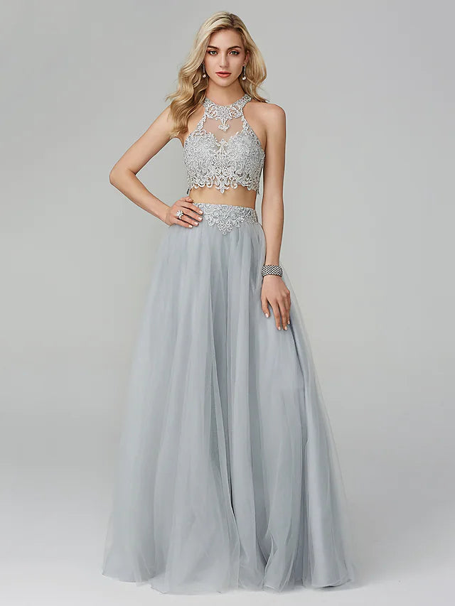 Luolandi Two Piece Empire Prom Formal Evening Dress Halter Neck Sleeveless Floor Length Lace