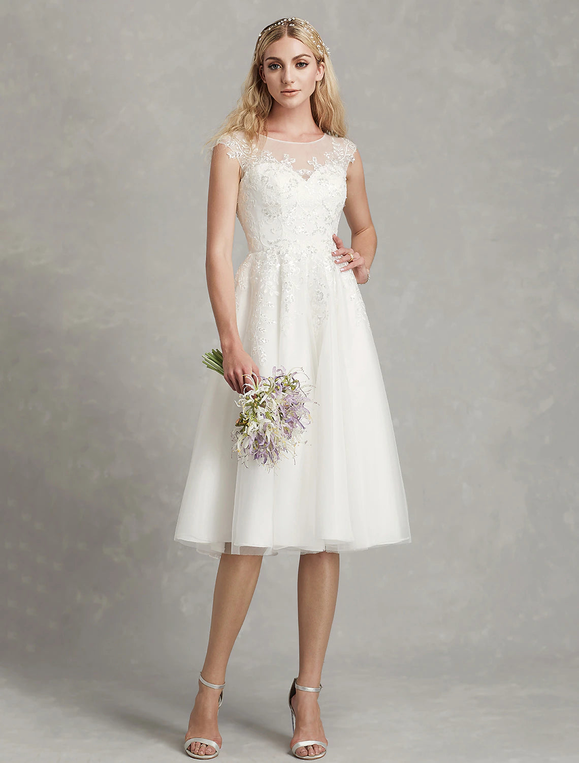 Luolandi Reception Little Dresses Wedding Dresses A-Line Illusion Neck Cap Sleeve Knee Length Lace Bridal Gowns