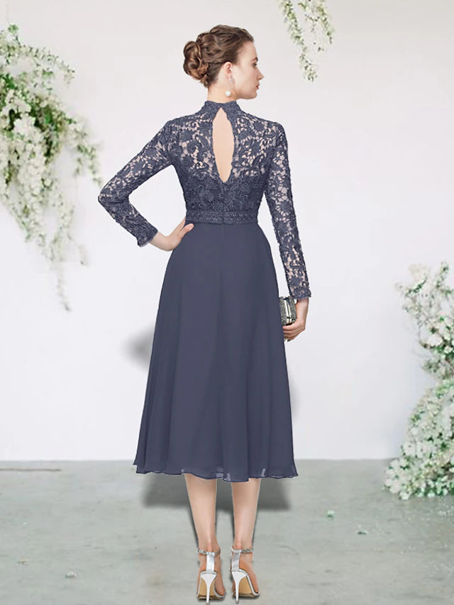 Luolandi A-Line Mother of the Bride Dress Elegant High Neck Tea Length Chiffon Lace Long Sleeve with Appliques