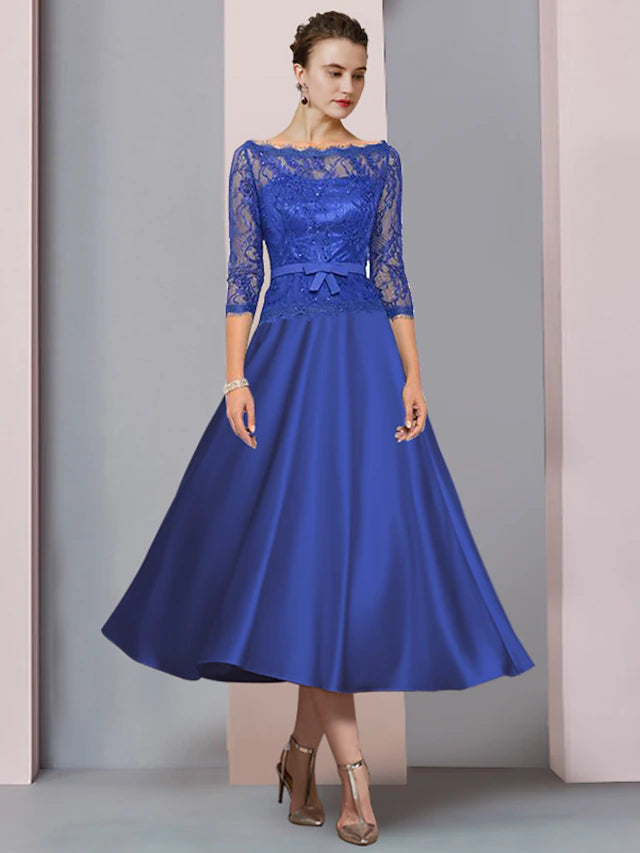 Luolandi A-Line Mother of the Bride Dress Formal Wedding Guest Party Elegant Scoop Neck Tea Length Satin Lace 3/4 Length Sleeve with Bow(s)