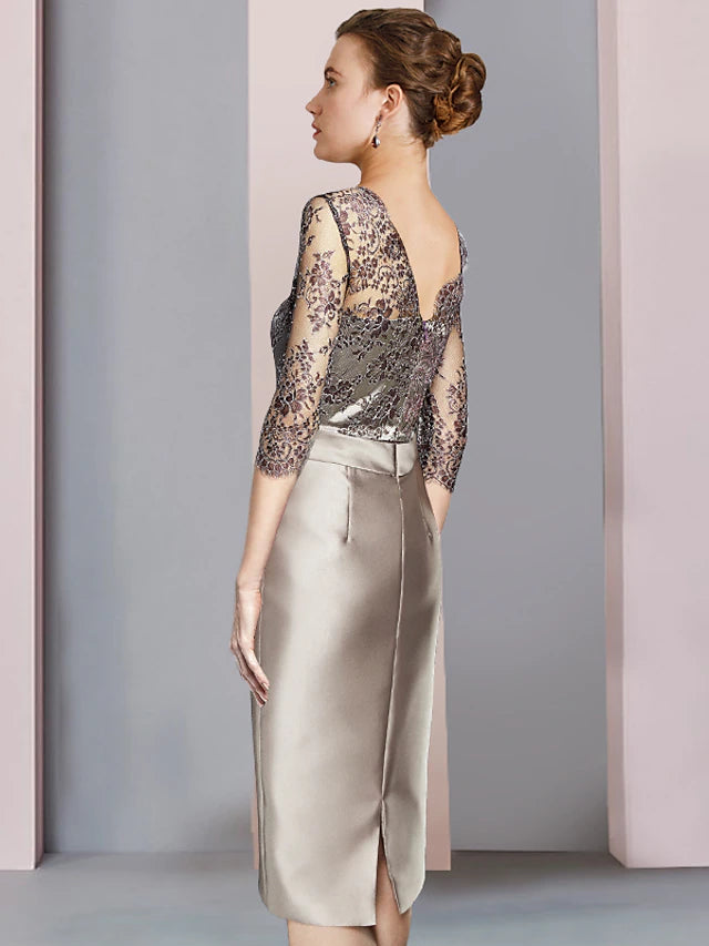 Luolandi Sheath / Column Mother of the Bride Dress Wedding Guest Elegant Square Neck Knee Length Satin Lace Half Sleeve with Bow(s)