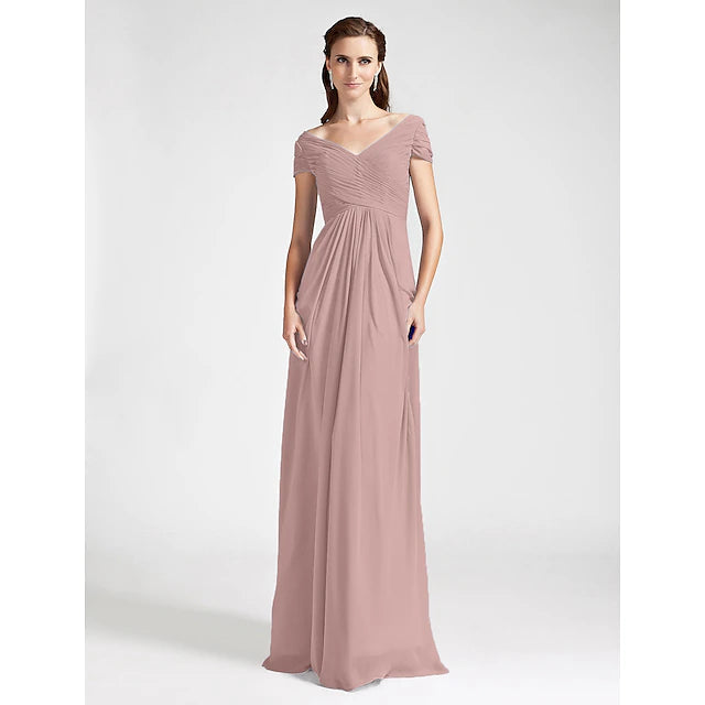 Luolandi Sheath / Column Bridesmaid Dress V Neck / Off Shoulder Short Sleeve Open Back Floor Length Chiffon with Criss Cross