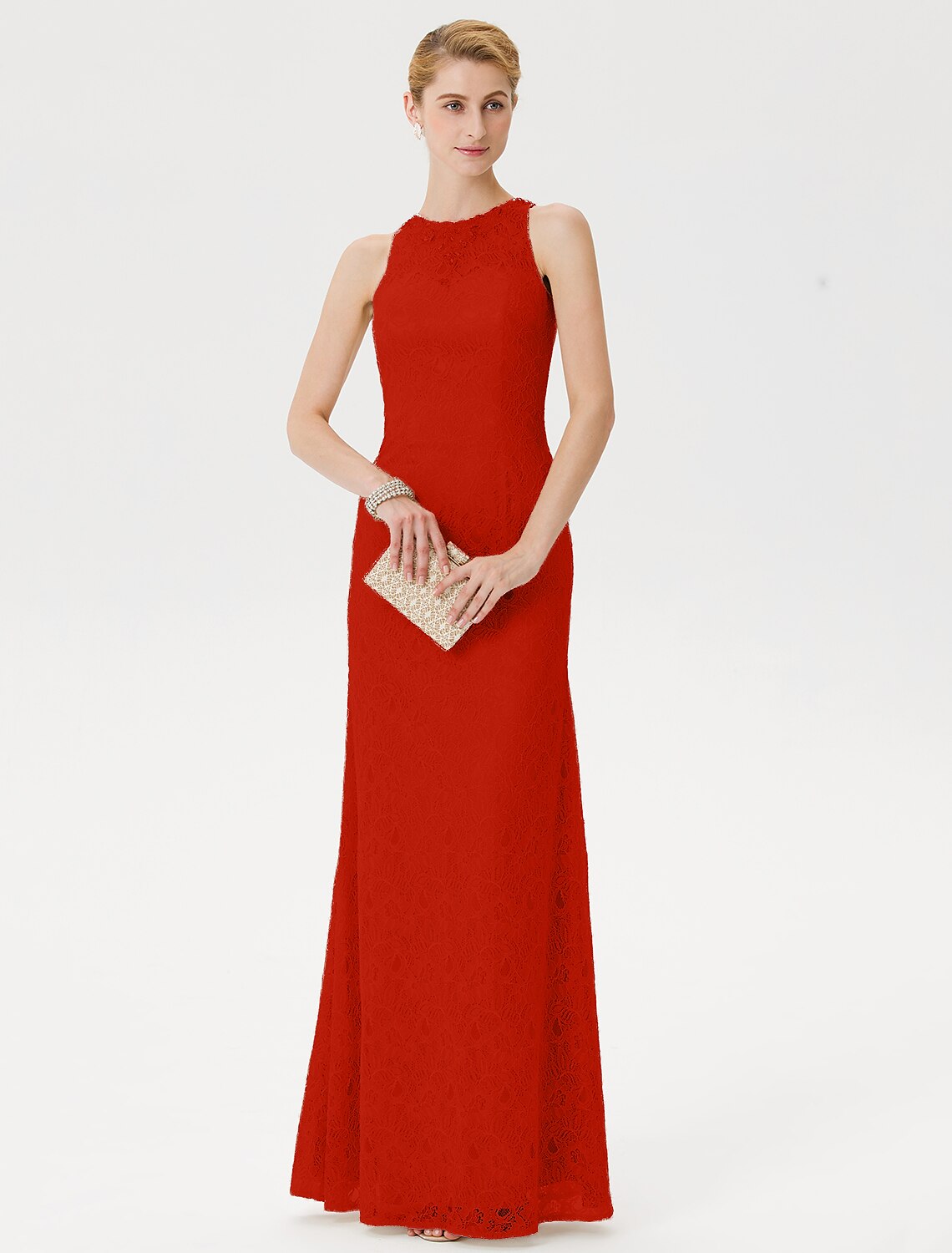 Luolandi Sheath / Column Mother of the Bride Dress Elegant See Through Illusion Neck Floor Length Lace Sleeveless with Crystals