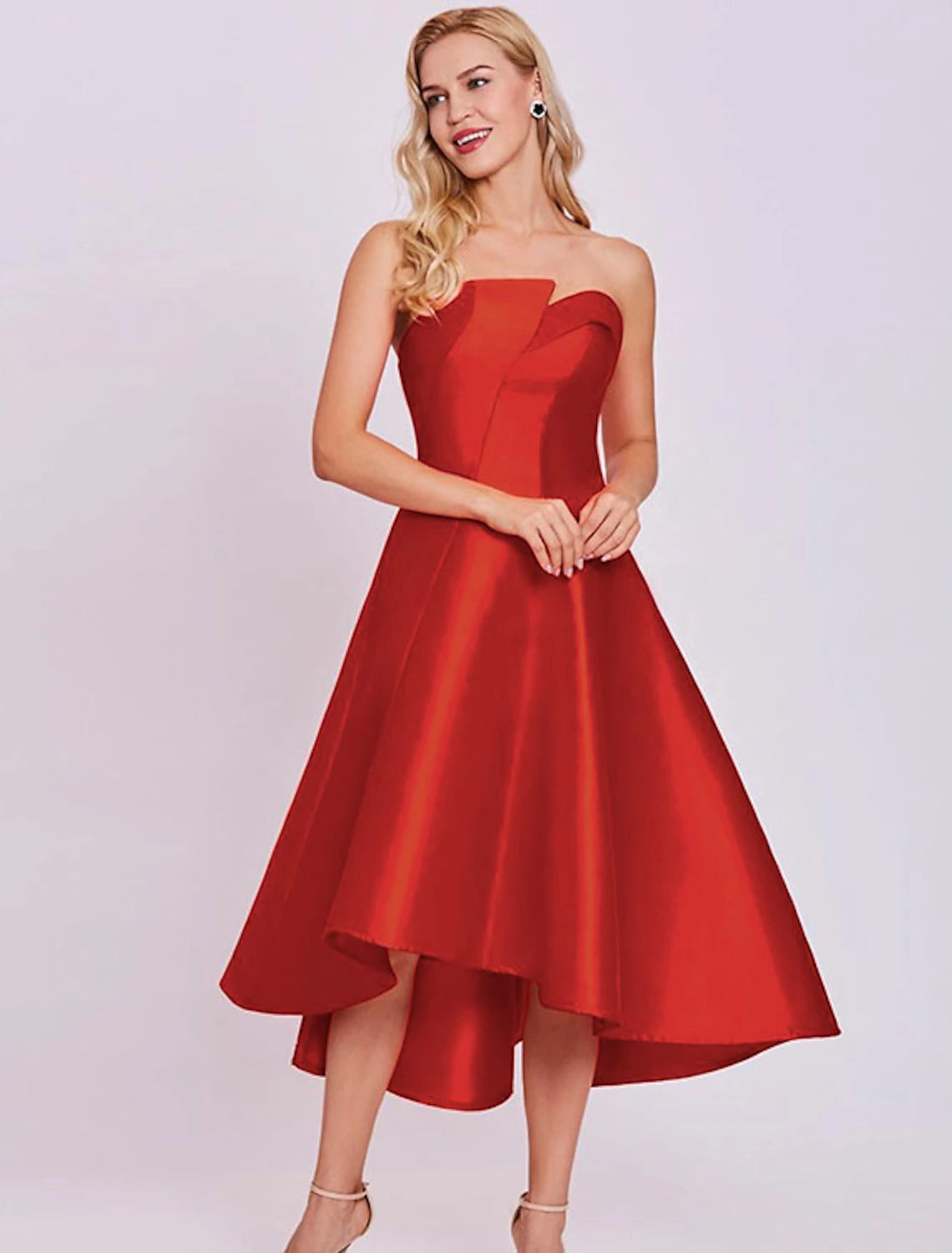 Luolandi A-Line Cocktail Dresses Minimalist Dress Homecoming Wedding Guest Tea Length Sleeveless Strapless Satin