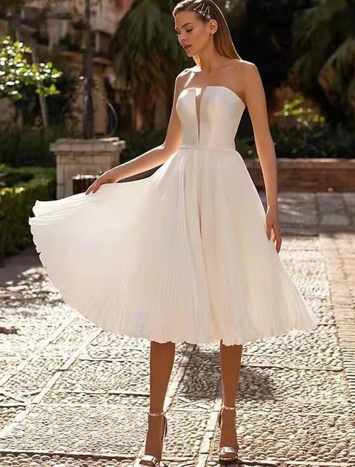 Luolandi Reception Little Dresses Wedding Dresses A-Line Sweetheart Strapless Tea Length Satin Bridal Gowns