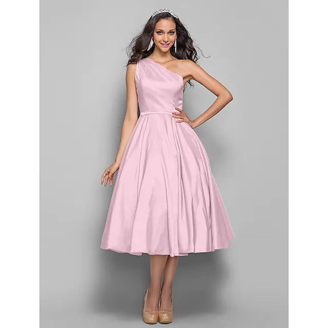 Luolandi A-Line Minimalist Elegant Cocktail Party Wedding Party Dress One Shoulder Sleeveless Tea Length Taffeta with Sash