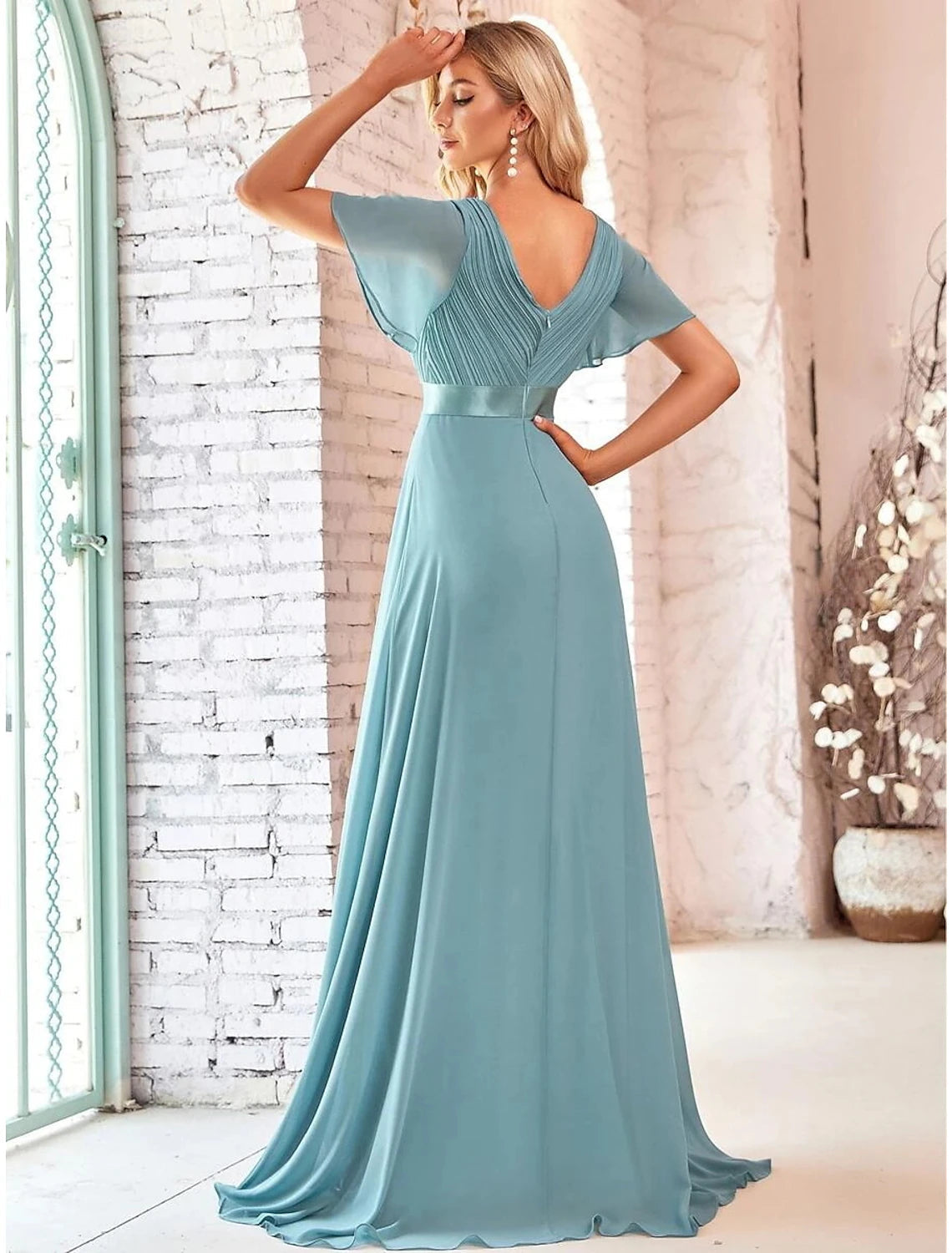 Luolandi A-Line Evening Gown Empire Dress Wedding Guest Formal Evening Floor Length Short Sleeve V Neck Bridesmaid Dress Chiffon V Back