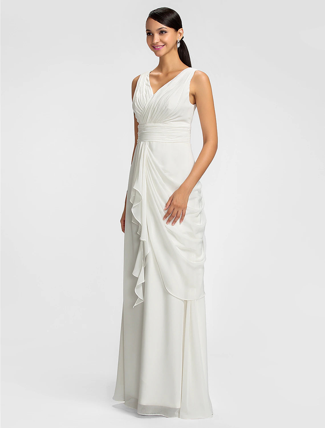 Luolandi Sheath / Column V Neck Floor Length Chiffon Bridesmaid Dress with Draping / Sash
