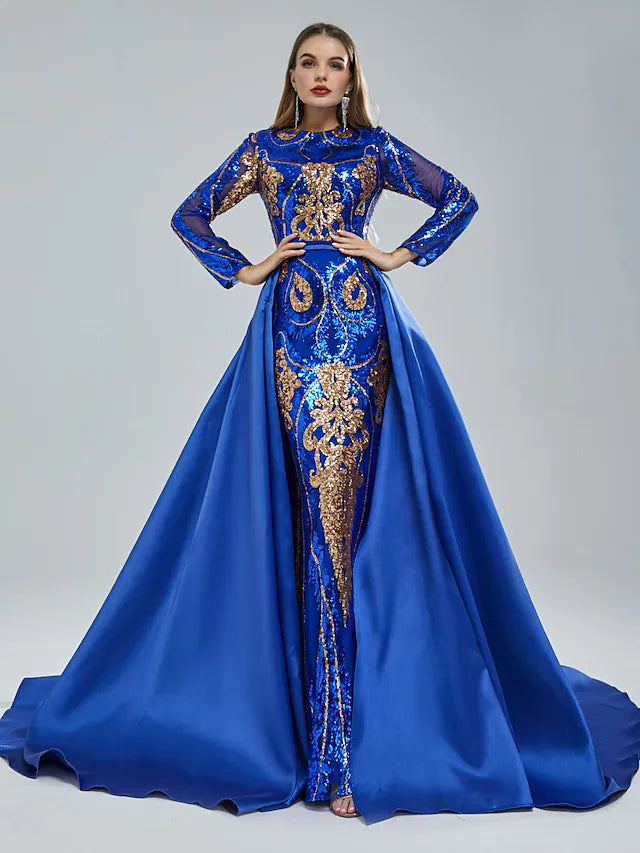 Luolandi Mermaid / Trumpet Evening Gown Elegant Dress Engagement Chapel Train Short Sleeve Jewel Neck Sequined