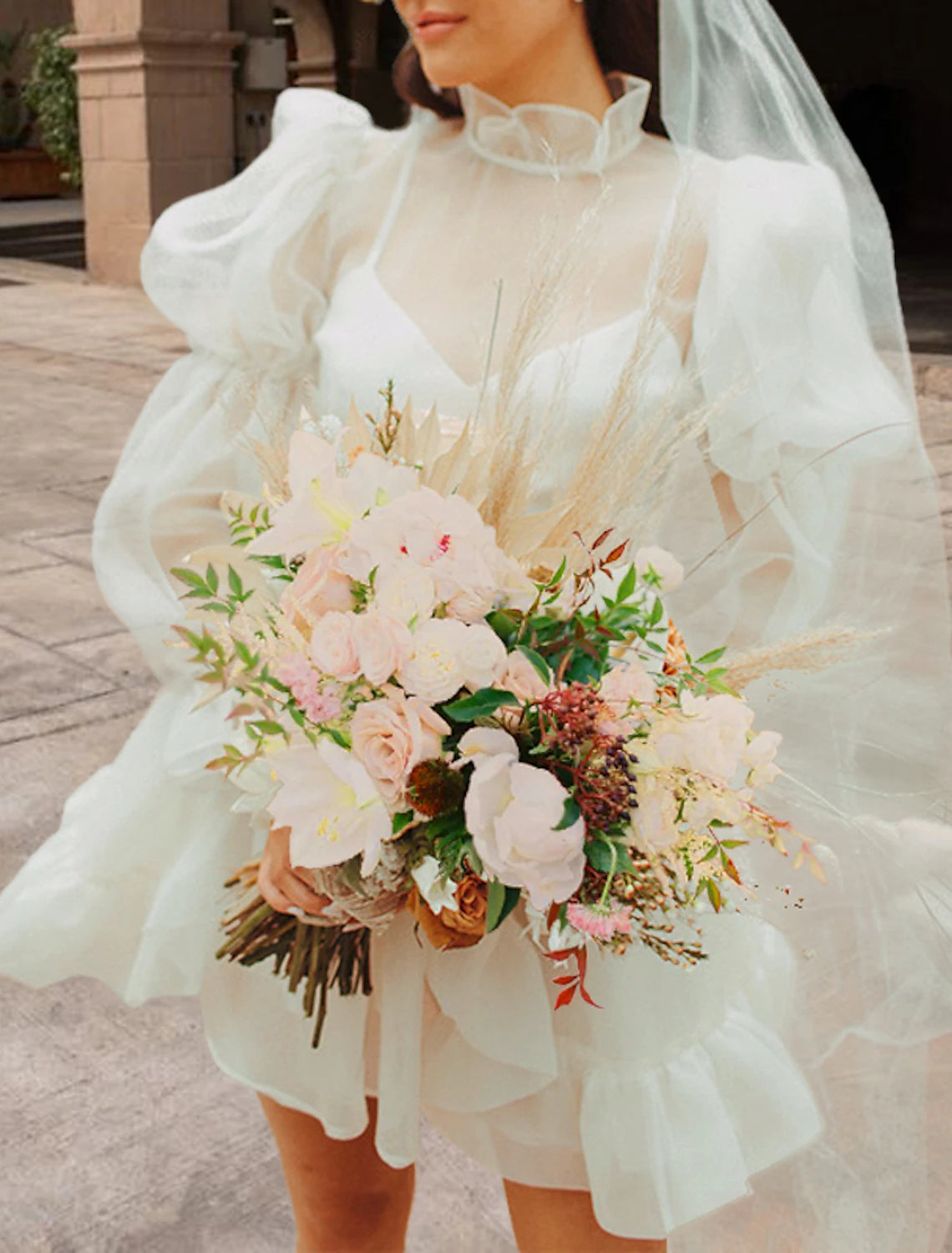 Luolandi Reception Little Dresses Wedding Dresses A-Line High Neck Long Sleeve Short / Mini Organza Bridal Gowns