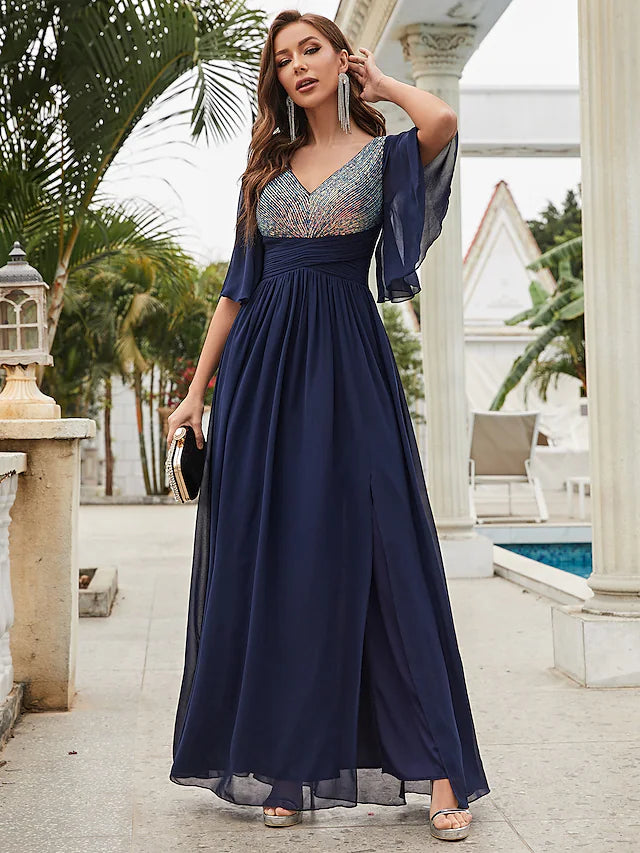 Luolandi A-Line Wedding Guest Dresses Sparkle & Shine Dress Party Wear Floor Length Half Sleeve V Neck Chiffon with Crystals