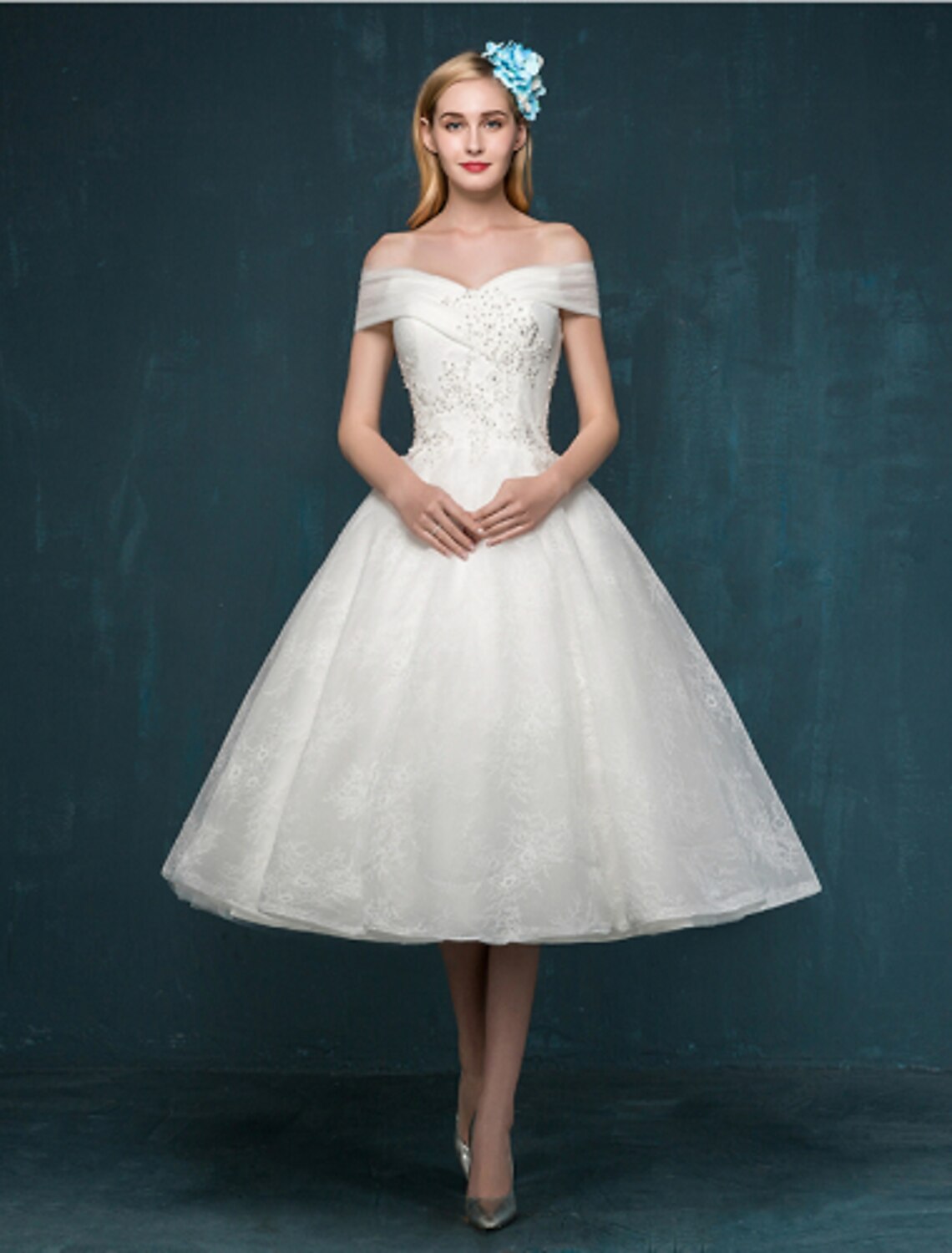 Luolandi Reception Little Dresses Wedding Dresses A-Line Off Shoulder Cap Sleeve Tea Length Lace Bridal Gowns With Beading