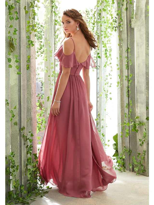 Luolandi A-Line Bridesmaid Dress Spaghetti Strap Short Sleeve Open Back Floor Length Chiffon with Ruffles