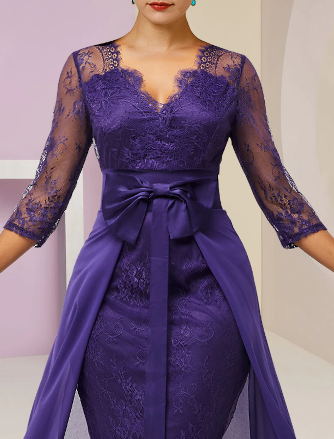 Luolandi Two Piece Sheath / Column Mother of the Bride Dress Formal Fall Wedding Guest Elegant detachable V Neck Knee Length Chiffon Lace 3/4 Length Sleeve