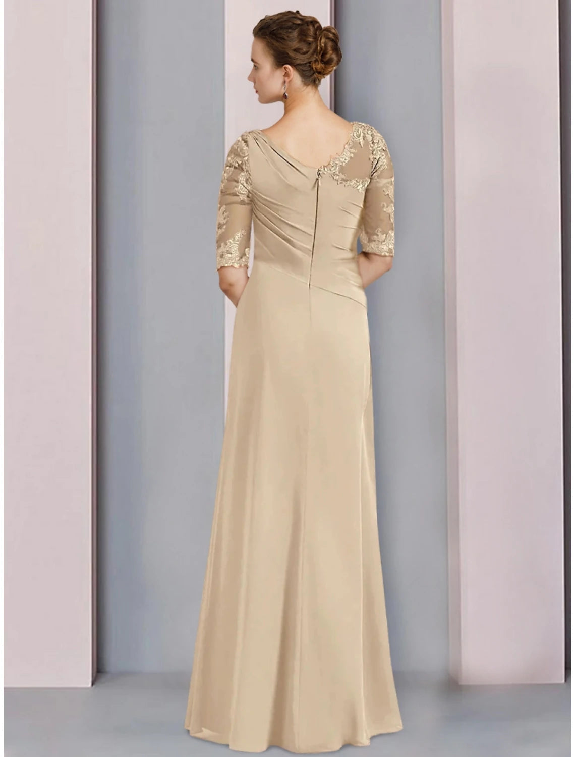 Luolandi Sheath / Column Mother of the Bride Dress Wedding Guest Elegant Scoop Neck Floor Length Chiffon Half Sleeve with Lace
