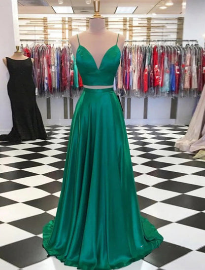 Two Piece Prom Dresses Sexy Dress Formal Sweep / Brush Train Sleeveless Spaghetti Strap Charmeuse with Bow(s)