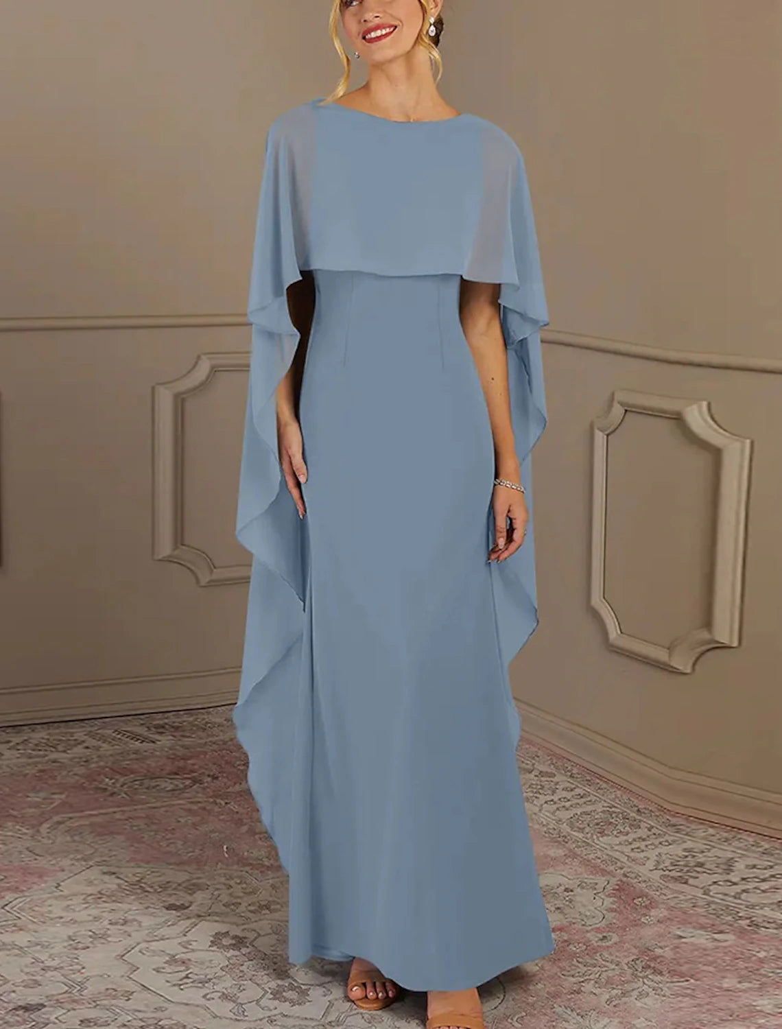 Luolandi Sheath / Column Mother of the Bride Dress Formal Wedding Guest Elegant Simple Jewel Neck Floor Length Chiffon Sleeveless with Side Draping