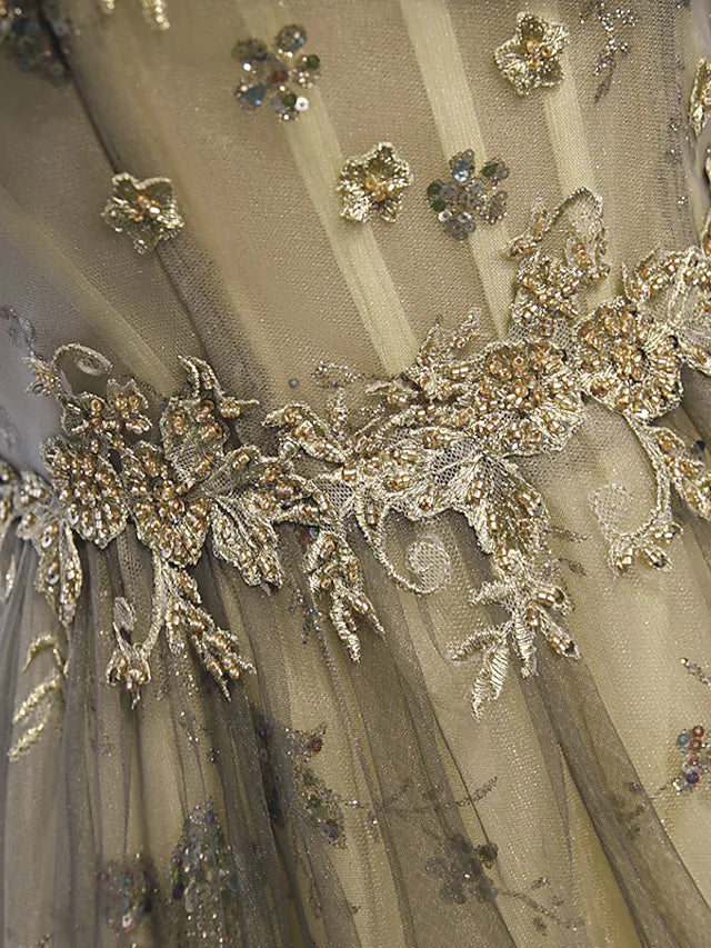 Luolandi A-Line Evening Gown Elegant Dress Wedding Guest Floor Length Short Sleeve Illusion Neck Tulle