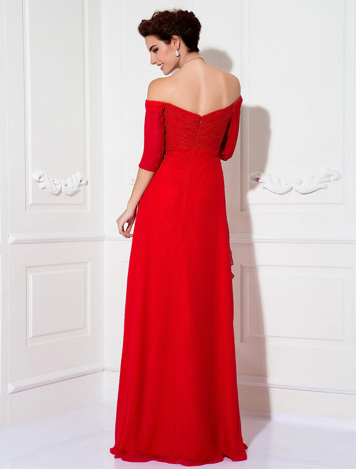 Luolandi Sheath / Column Minimalist Dress Wedding Guest Sweep / Brush Train Half Sleeve Off Shoulder Chiffon