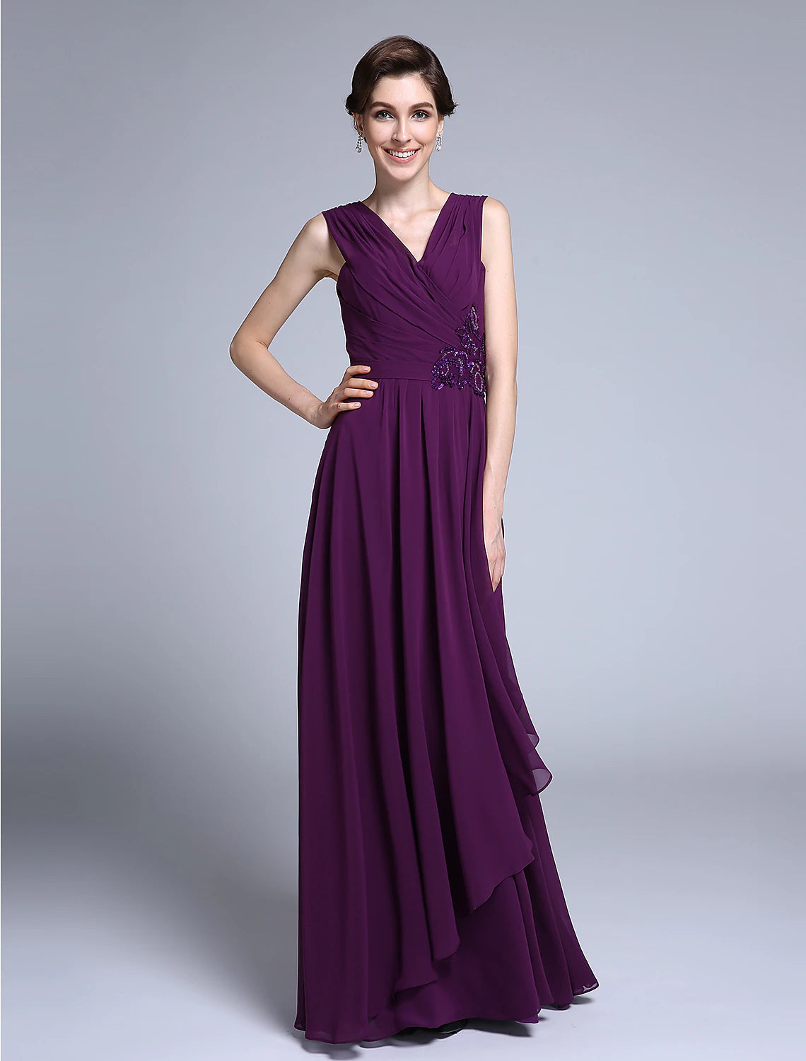 Luolandi Sheath / Column Mother of the Bride Dress Elegant V Neck Floor Length Chiffon Sleeveless