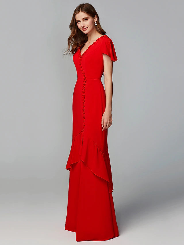 Luolandi Sheath / Column Bridesmaid Dress V Neck Short Sleeve Open Back Floor Length Chiffon with Split