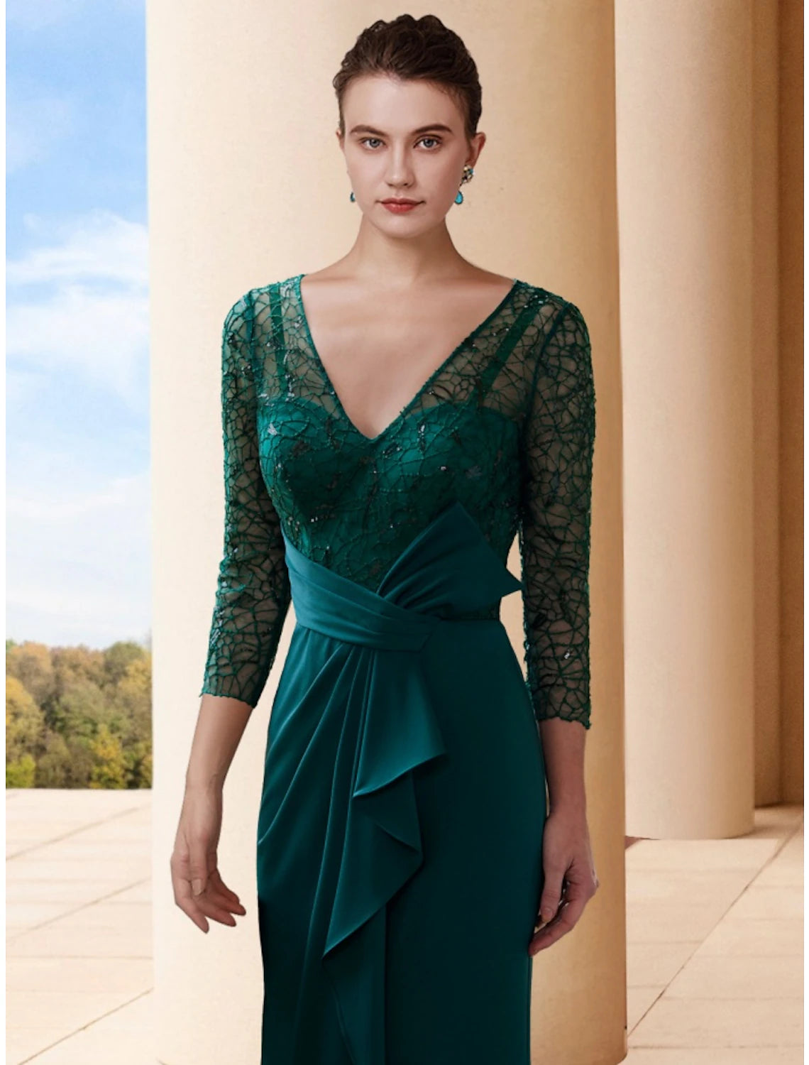 Luolandi A-Line Mother of the Bride Dress Wedding Guest Elegant V Neck Sweep / Brush Train Chiffon 3/4 Length Sleeve with Bow(s)