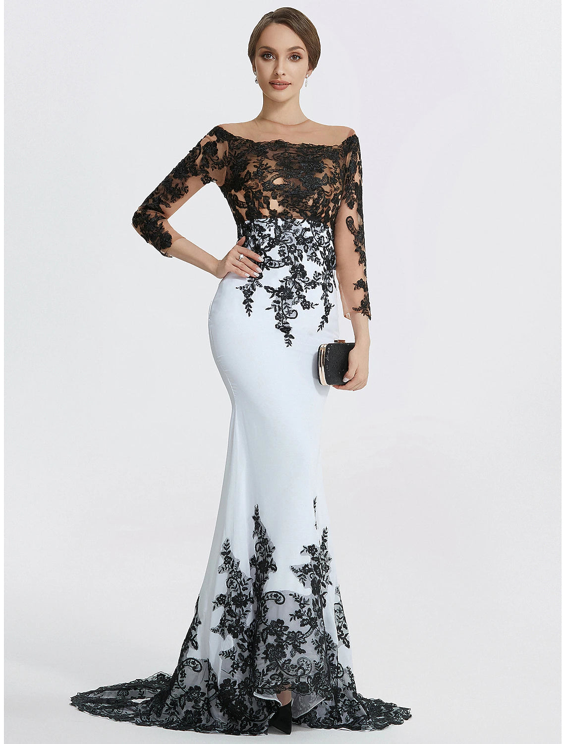 Luolandi Mermaid Evening Gown Elegant Black Dress Masquerade Black Tie Colorblock Sweep / Brush Train Long Sleeve Jewel Neck Chiffon