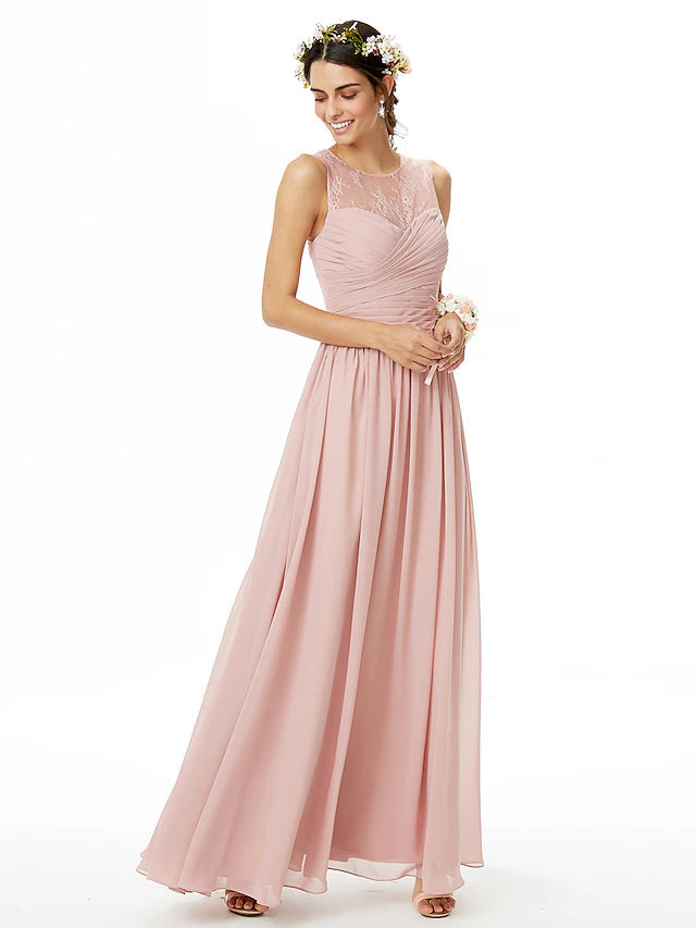 Luolandi A-Line Bridesmaid Dress Jewel Neck Sleeveless See Through Floor Length Chiffon / Lace with Lace / Criss Cross