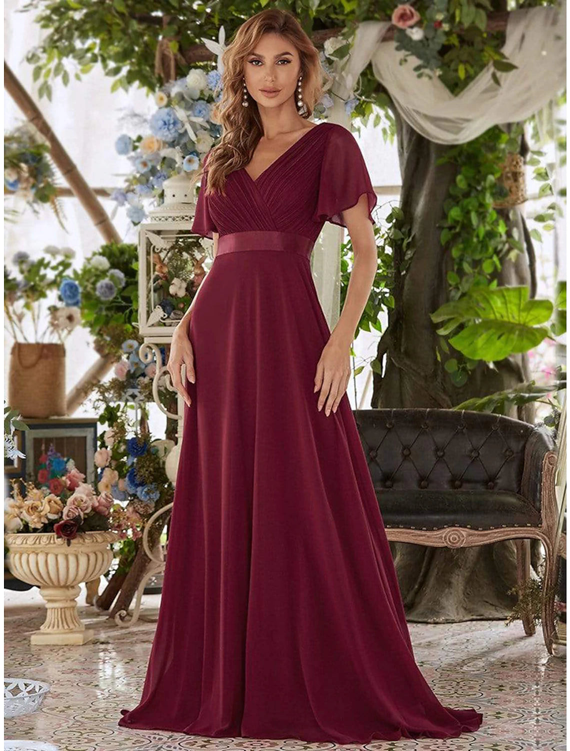 Luolandi A-Line Evening Gown Empire Dress Wedding Guest Formal Evening Floor Length Short Sleeve V Neck Bridesmaid Dress Chiffon V Back