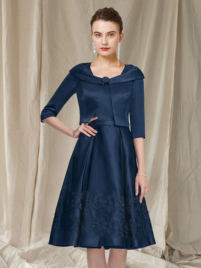 Luolandi Two Piece A-Line Mother of the Bride Dress Church Elegant Scoop Neck Knee Length Satin Lace Sleeveless Short Jacket Dresses