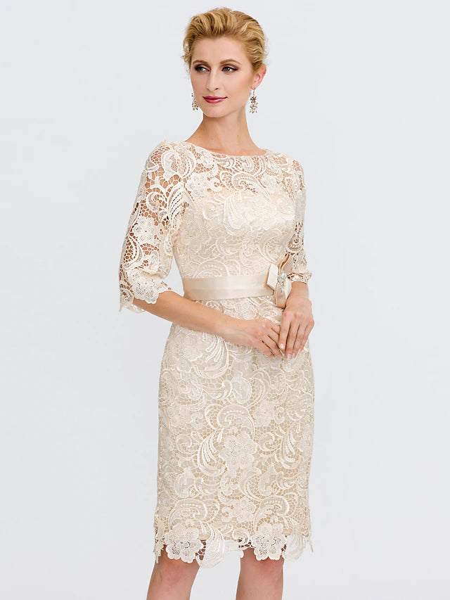 Luolandi Sheath / Column Mother of the Bride Dress Formal Wedding Guest Plus Size Elegant Illusion Neck Knee Length All Over Lace 3/4 Length Sleeve