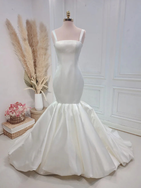 Luolandi Mermaid Simple Satin Wedding Dress Sweep Train Bridal Gown Floor Length