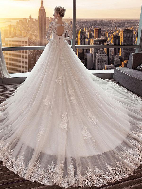 Luolandi A-line V-neck Cathedral Train Tulle Appliqued Long Wedding Dresses Elegant Bridal Gown