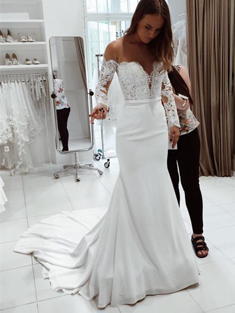 Luolandi Popular Chiffon Batea Neckline Sheath Wedding Dresses With Appliques Off Shoulder Elegant