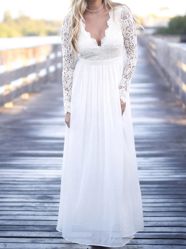 Luolandi Pure Chiffon & Lace V-neck Neckline Long Sleeves A-line Wedding Dresses Elegant