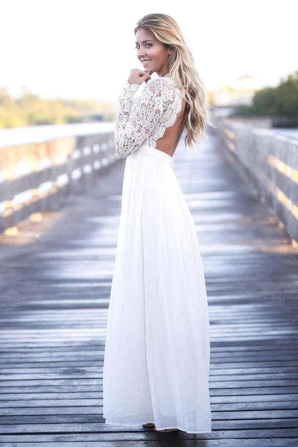 Luolandi Pure Chiffon & Lace V-neck Neckline Long Sleeves A-line Wedding Dresses Elegant