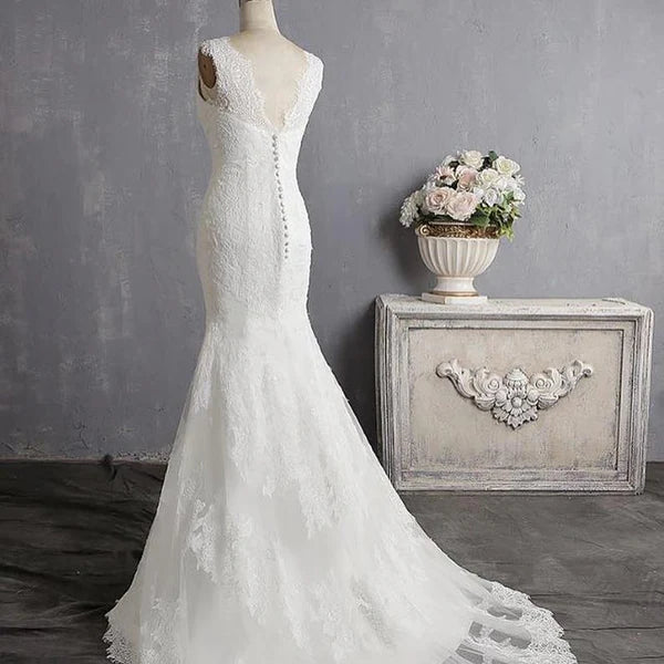 Luolandi Romantic Tulle V-neck Neckline Cap Sleeves Mermaid Wedding Dresses Elegant Bridal Gown
