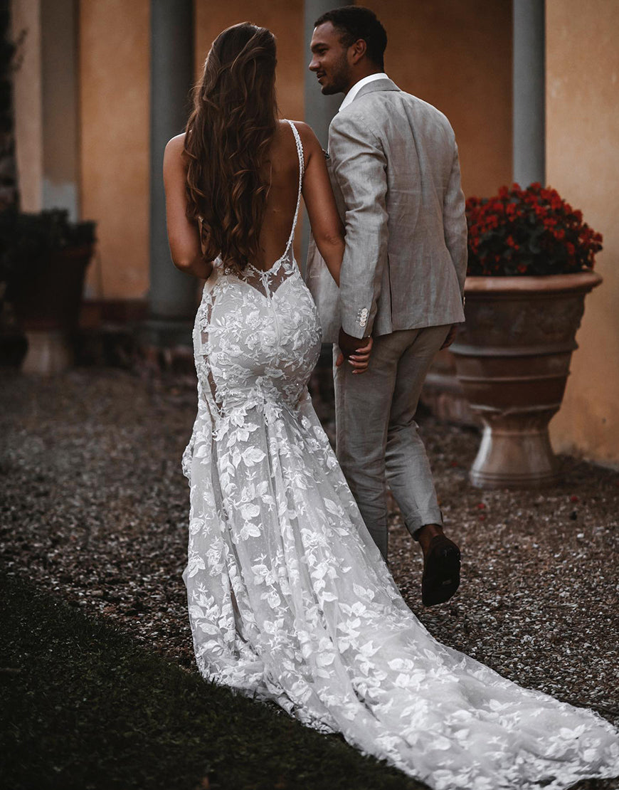 Luolandi Mermaid Backless Boho Wedding Dress with V-neck Open Back Sexy
