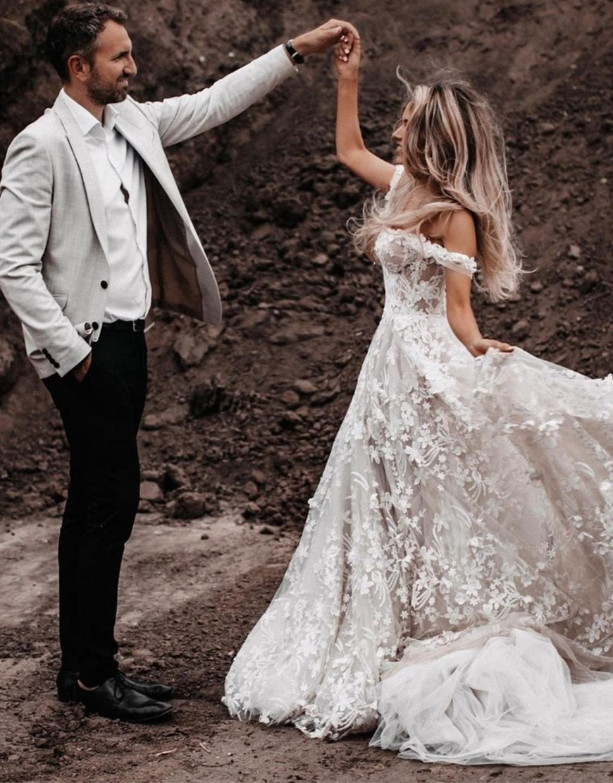 Luolandi Charming A Line Off the Shoulder Lace Boho Floor Length Wedding Dress Beautiful Sexy