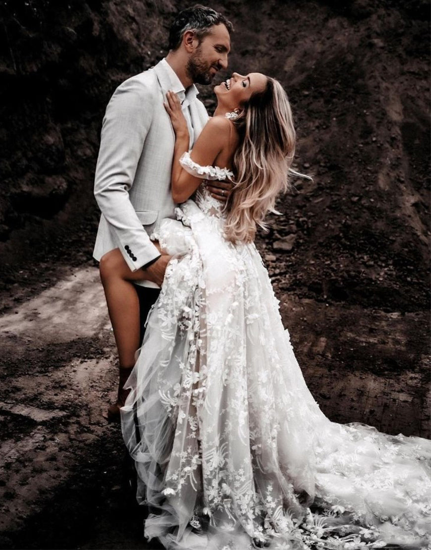 Luolandi Charming A Line Off the Shoulder Lace Boho Floor Length Wedding Dress Beautiful Sexy