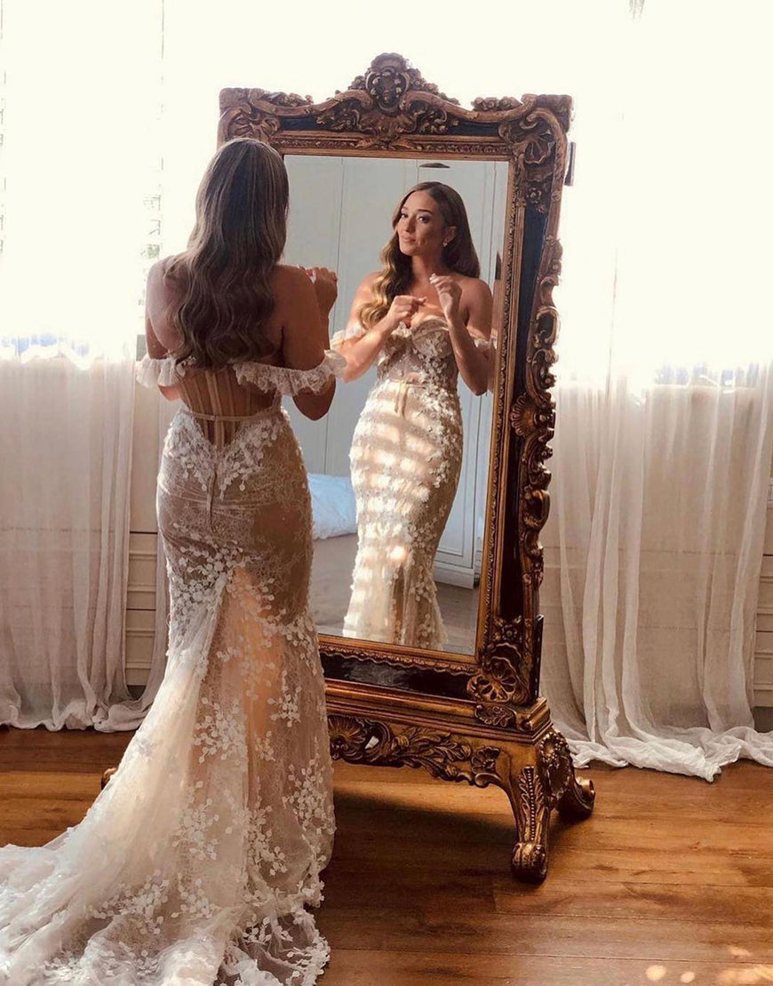 Luolandi Corset Style Slim Fit Sweetheart Tulle Bridal Wedding Gown Off Shoulder