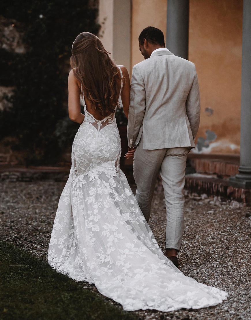 Luolandi Mermaid Backless Boho Wedding Dress with V-neck Open Back Sexy