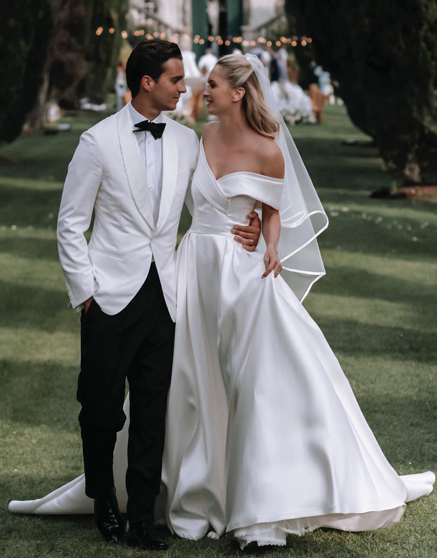 Luolandi Satin Off the Shoulder Wedding Dress Pure Color Sexy