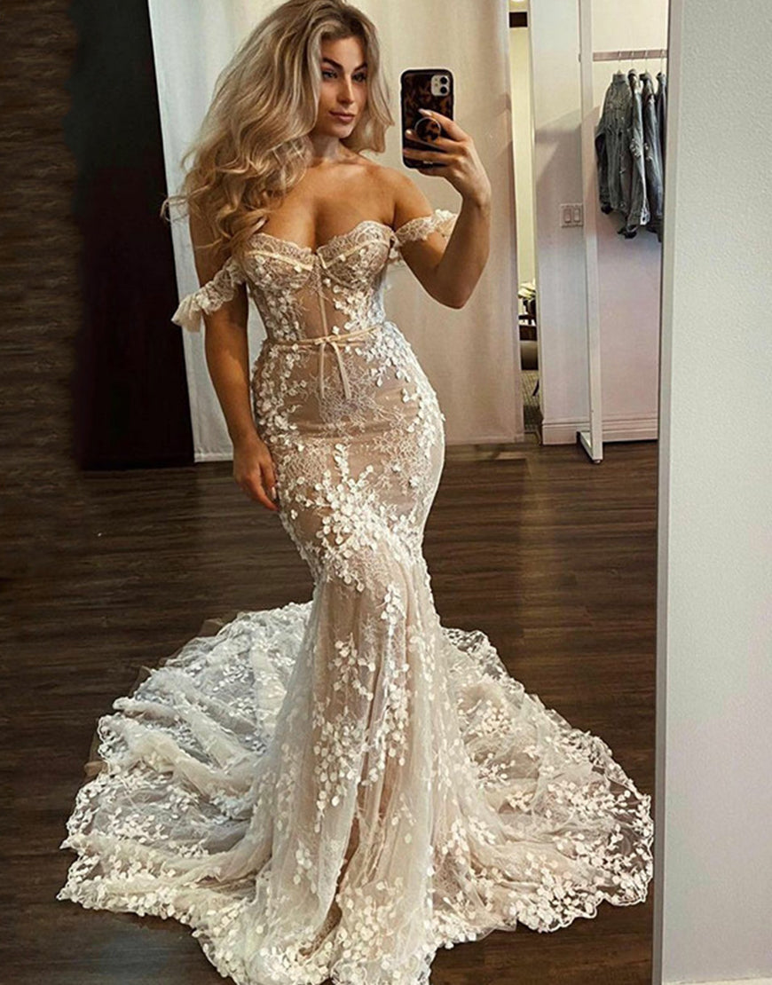 Luolandi Corset Style Slim Fit Sweetheart Tulle Bridal Wedding Gown Off Shoulder