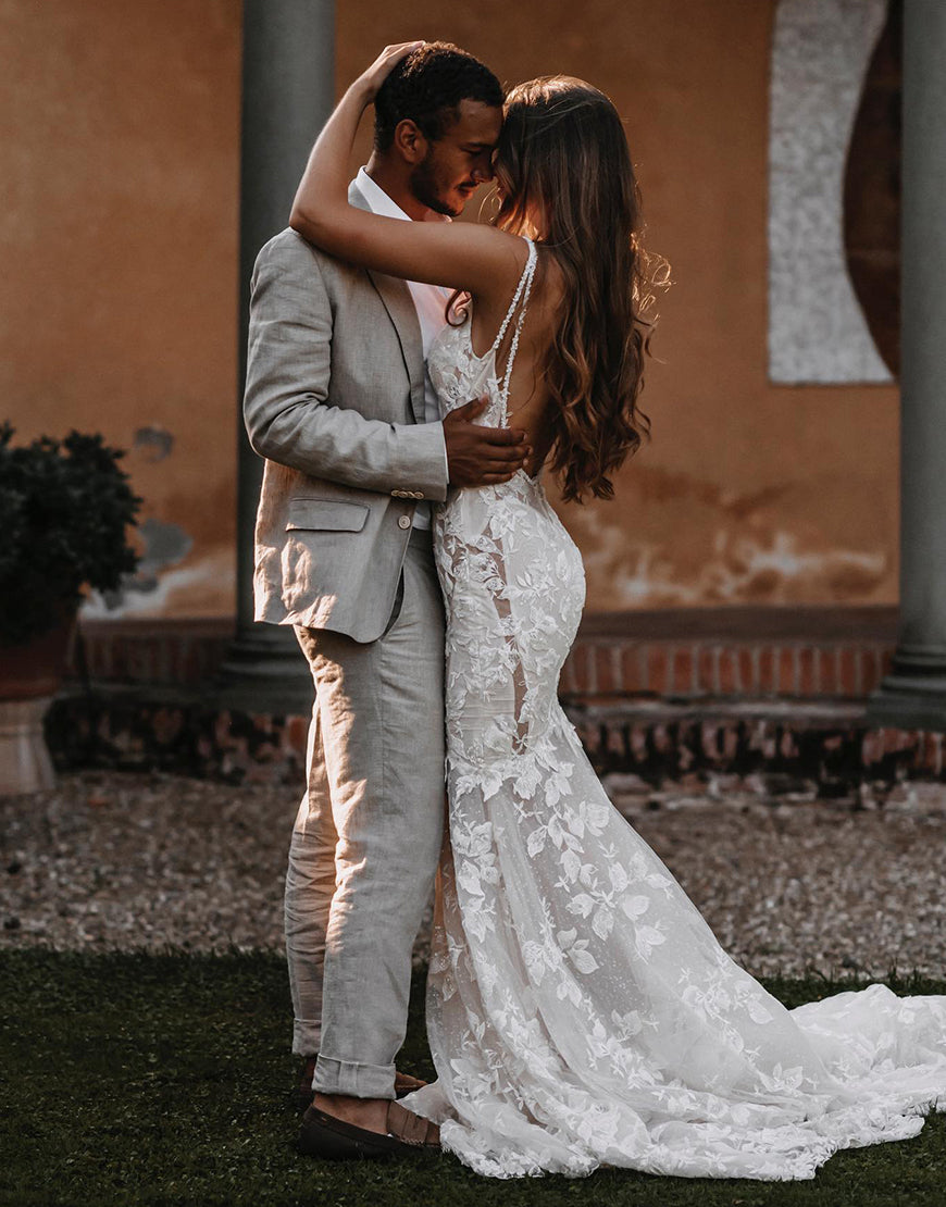 Luolandi Mermaid Backless Boho Wedding Dress with V-neck Open Back Sexy