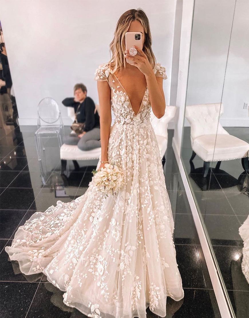 Luolandi A-Line V-Neck Cap Sleeves Wedding Dress with Sweep Train Open Back Beautiful