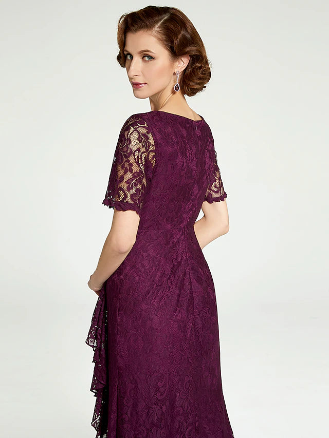 Luolandi Sheath / Column Mother of the Bride Dress V Neck Floor Length Lace Short Sleeve with Beading